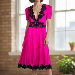 Betsey Johnson Y2K Hot Pink Silk Dress Black Lace Sequin Trim Party 6